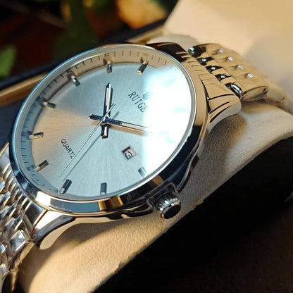 Montre à quartz de luxe pour homme RUIGE en acier inoxydable avec calendrier, fonction nocturne et strass - Montre sport, habillée et décontractée pour homme, cadeau pour lui