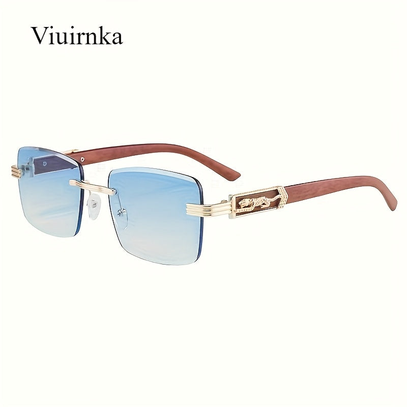 Lunettes de soleil rectangulaires vintage sans monture pour hommes et femmes – Lunettes tendance avec branches léopard et protection UV, 7 couleurs de verres, lunettes unisexes stylées pour l'extérieur, la conduite, les voyages, les fêtes et le quotidien