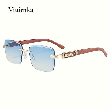 Lunettes de soleil rectangulaires vintage sans monture pour hommes et femmes – Lunettes tendance avec branches léopard et protection UV, 7 couleurs de verres, lunettes unisexes stylées pour l'extérieur, la conduite, les voyages, les fêtes et le quotidien