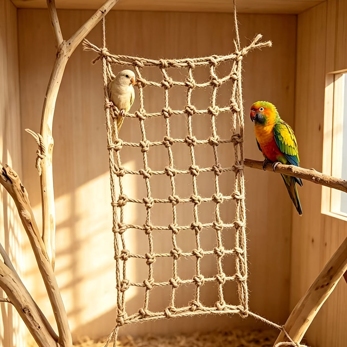 Filet d'escalade pour oiseaux, lot de 2 - Échelle en filet de corde de chanvre pour cages à oiseaux, perchoir jouet d'escalade résistant aux morsures pour perruches, perroquets et petits oiseaux, 20 x 30 cm chacun