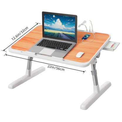 Plateau de lit pour ordinateur portable avec lampe USB, ventilateur et tiroir – Support d'ordinateur portable portable et réglable pour lit, canapé, bureau pour lire, écrire, manger, 10 couleurs et tailles