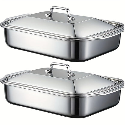 Ensemble de plats de cuisson en acier inoxydable avec couvercles – Grands plateaux de four rectangulaires antiadhésifs et robustes pour rôtir, pain, desserts, fruits de mer, barbecue et service buffet, options de lots de 2, 4, 6 ou 8