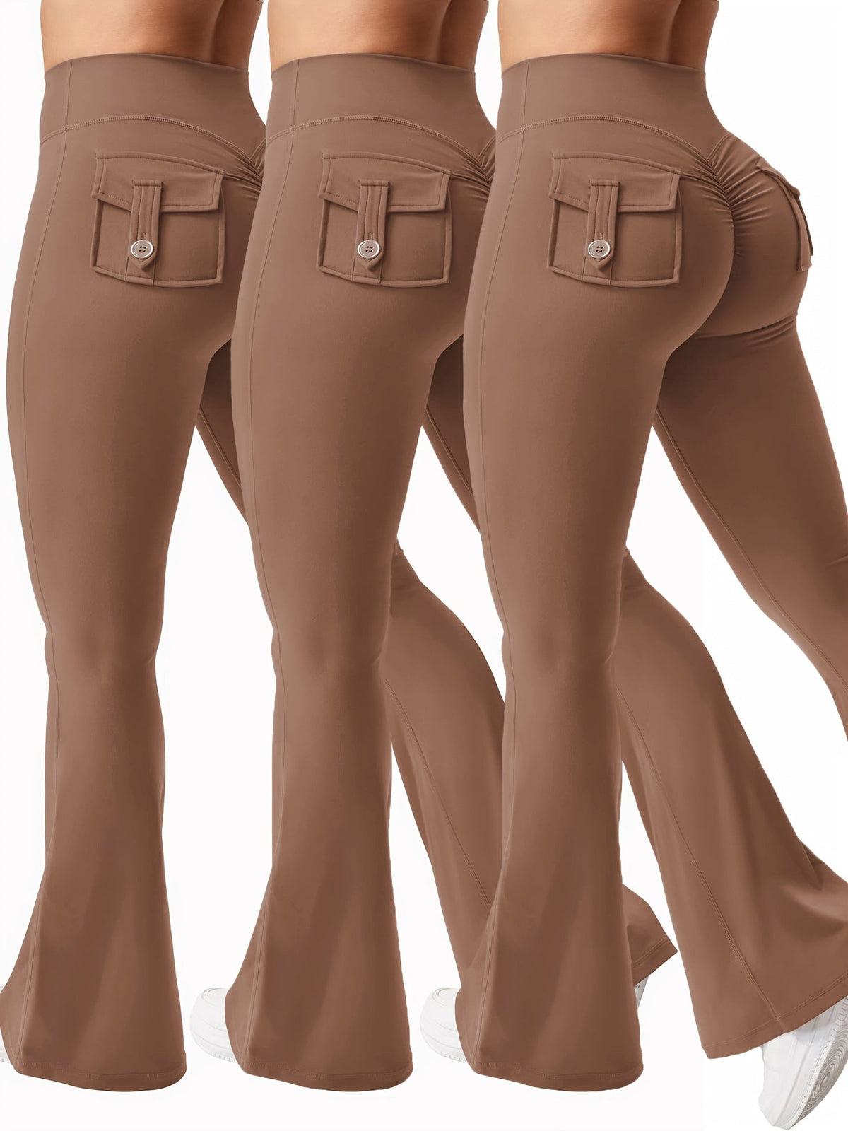 Ensemble 3 pièces pour femme : pantalon de yoga évasé à taille haute avec ceinture et poches, legging galbant effet push-up, squat-proof, 90 % polyester extensible, coupe évasée pour le sport, la gym, la course et le quotidien
