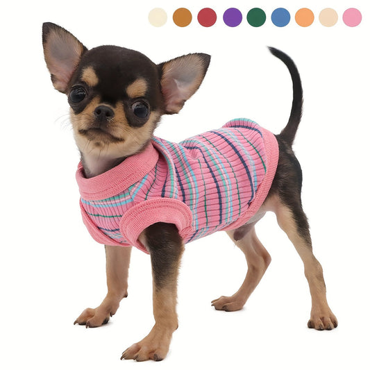Débardeur pour chien à rayures roses en maille côtelée pour petits chiens et chiens XS - Pull sans manches doux pour toutes les saisons, débardeur décontracté et confortable pour races miniatures et chiots