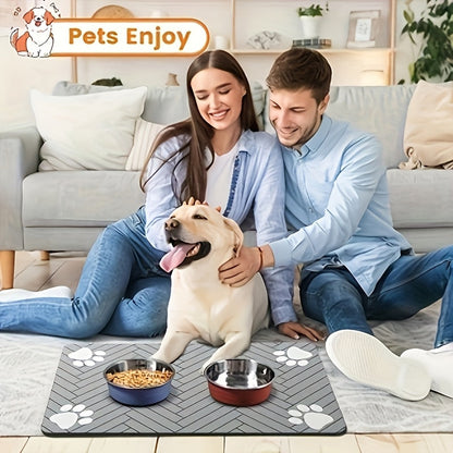 Tapis de nourrissage antidérapant pour animaux motif pattes – Sous-main imperméable à séchage rapide pour gamelles de chien et chat, avec motifs en forme d'os, résistant aux taches, facile à nettoyer, marron et blanc