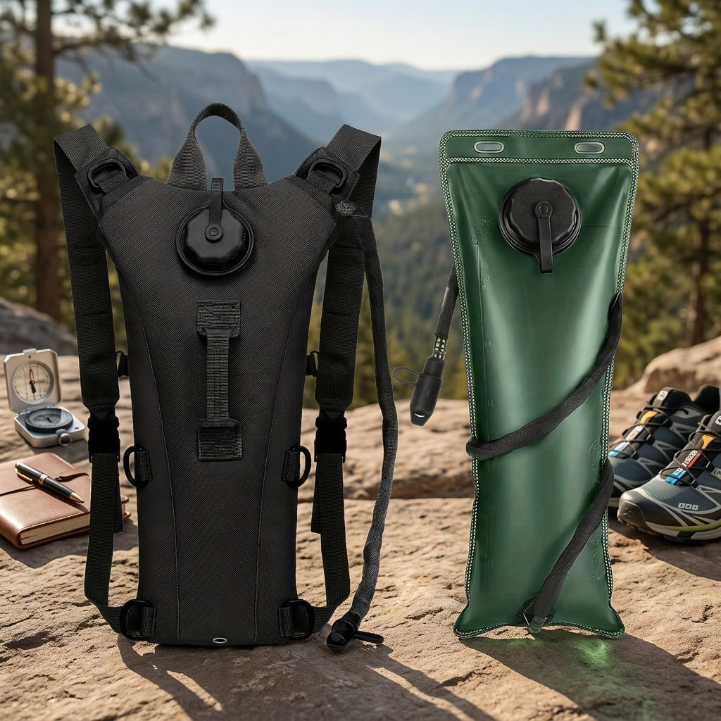Sac à dos d'hydratation avec poche à eau de 3 L – Sac de randonnée en nylon avec réservoir inclus pour le camping, le trail et les aventures en plein air, disponible en kaki, vert, camouflage et camouflage gris