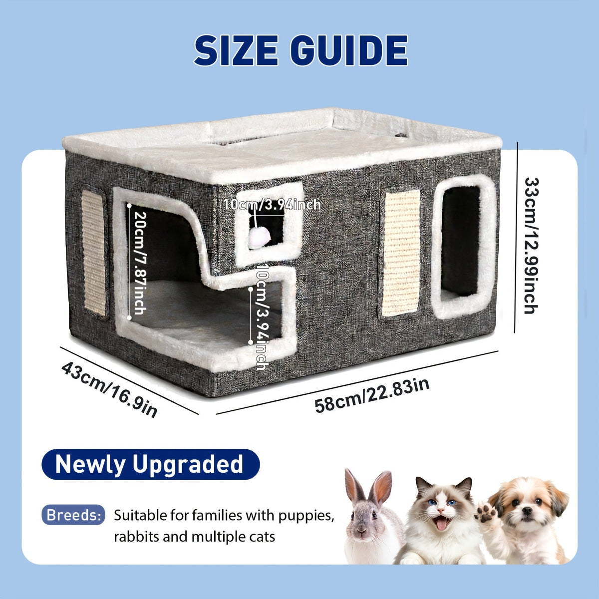 Maison pour chat 3-en-1 d'intérieur – Ottoman luxueux en bois pour dormir, jouer et faire ses griffes, cube refuge pour chats, adapté aux foyers multi-chats, gris clair, taille standard et grande