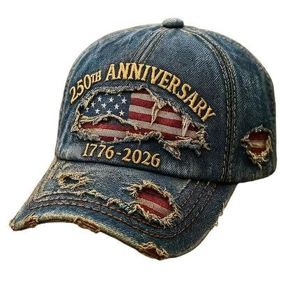 Ensemble casquette de baseball en jean vieilli brodé patriotique et bracelet – Cadeau du 250e anniversaire de l'indépendance des États-Unis, thème drapeau américain, casquette unisexe réglable pour les célébrations du 4 juillet