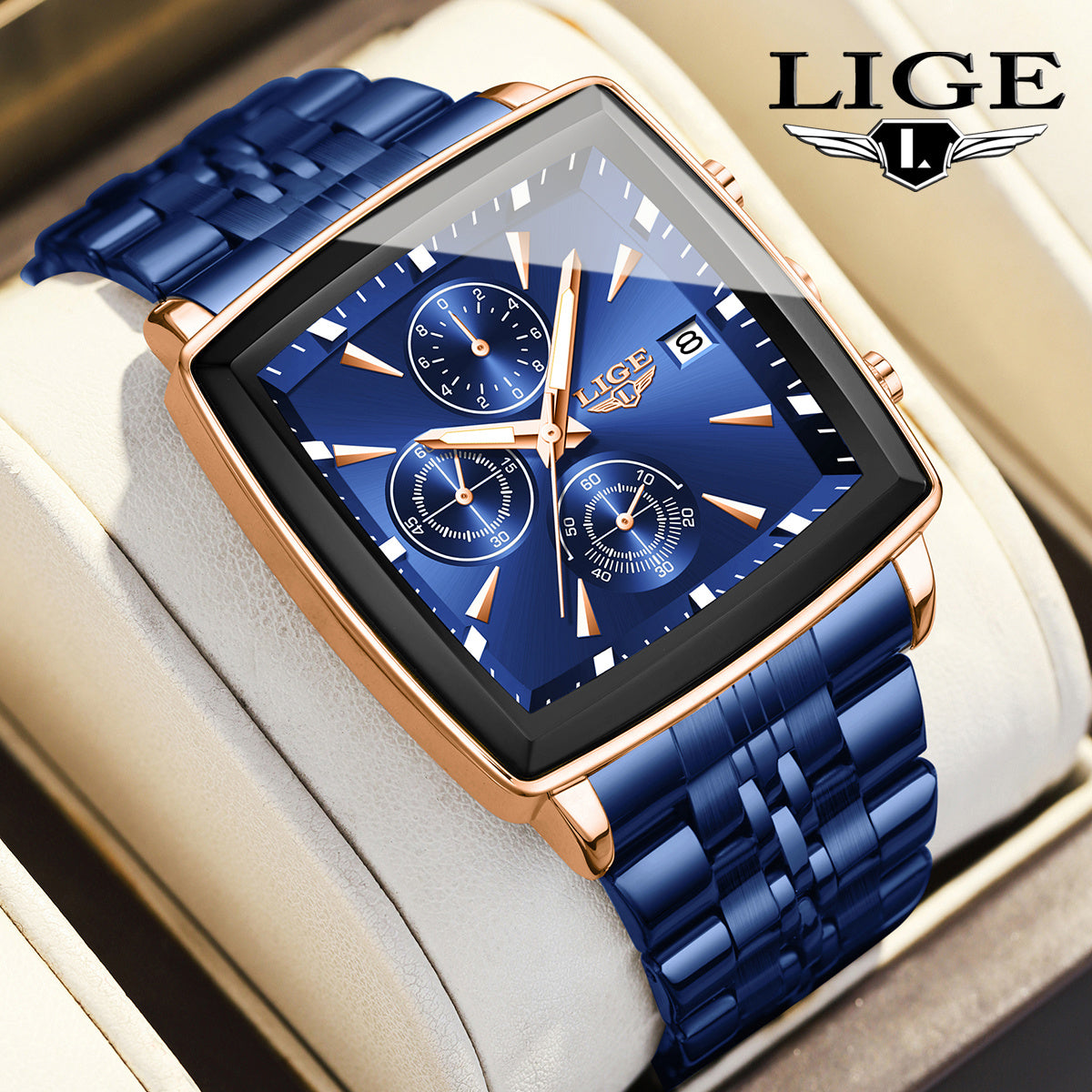 Montre à quartz analogique carrée pour homme LIGE – Bracelet en acier inoxydable, affichage du calendrier, montre-bracelet style sport preppy pour hommes et adolescents, 8 options de couleur, cadeau d'anniversaire ou de remise de diplôme bleu noir doré