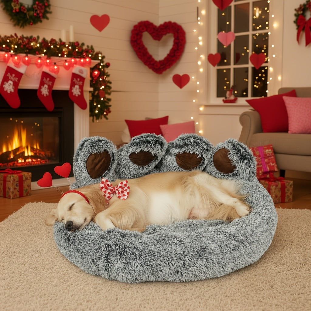 Lit pour chien et chat en forme de patte d'ours – Coussin rond apaisant, chaud et doux en peluche pour animal de compagnie avec foulard bonus, S M L XL 2XL Café Rose Gris Marron pour chiens et chats de petite, moyenne et grande taille