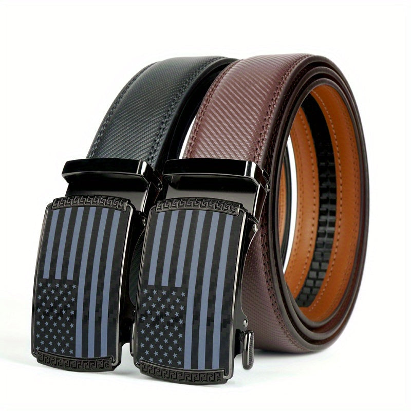 Lot de 2 ceintures à cliquet en cuir refendu pour homme – Motif drapeau américain avec boucle automatique en alliage, ceintures réglables style golf et décontracté en noir et marron, tailles 110 cm à 130 cm (tour de taille 76 cm-112 cm)