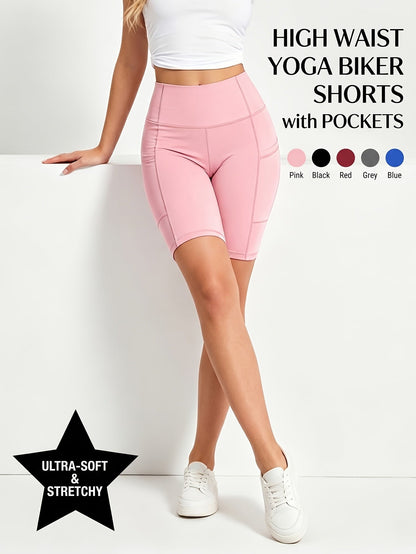 Lot de 5 shorts de cyclisme taille haute pour femme avec poches – Shorts de sport pour yoga, gym et running, tissu polyester extensible, tailles M à XXL, ensemble aux couleurs variées pour femmes actives