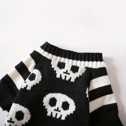 Halloween Dog Sweater Black Skull Pattern - Thermal Knit Pullover for Small to Medium Dogs, Machine Washable Winter & Autumn Coat for Chihuahuas, Yorkies & Pomeranians, Festive Halloween Pet Costume (S/M/L)