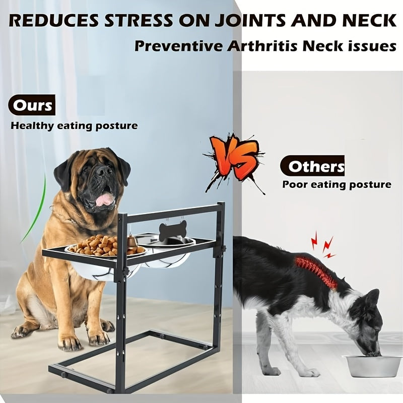 Support de gamelles surélevé et réglable pour chien avec 2 bols en acier inoxydable – Mangeoire surélevée en métal robuste pour chiens de grande et moyenne taille, support ergonomique réglable en hauteur pour nourriture et eau, noir