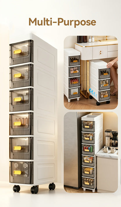 Meuble de rangement fin à roulettes avec tiroirs, organisateur en PP imperméable à 3, 4, 5 ou 6 niveaux pour salle de bain, cuisine, chambre, petits espaces – Tour de rangement étroite
