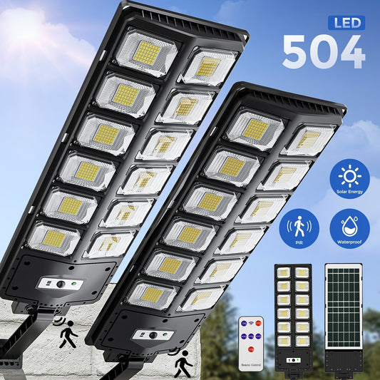 Lampadaires solaires d'extérieur 504 LED IP44 étanches, éclairage solaire avec capteur crépusculaire automatique pour cour, allée, parking, jardin et terrasse – Projecteur de sécurité solaire haute luminosité