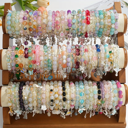 Ensemble de 30 bracelets de perles en verre pour femme, bracelets extensibles empilables avec breloques papillon, fleurs, cœurs et étoiles, multicolores - Coffret cadeau de bijoux bohèmes pour la Saint-Valentin, un anniversaire ou une fête