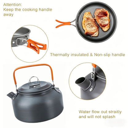 Kit de cuisine de camping 8/9/14/15 pièces, ensemble de cuisson portable antiadhésif en alliage d'aluminium avec bouilloire, casserole, poêle, assiettes et ustensiles, équipement de cuisine léger pour randonnée et voyage