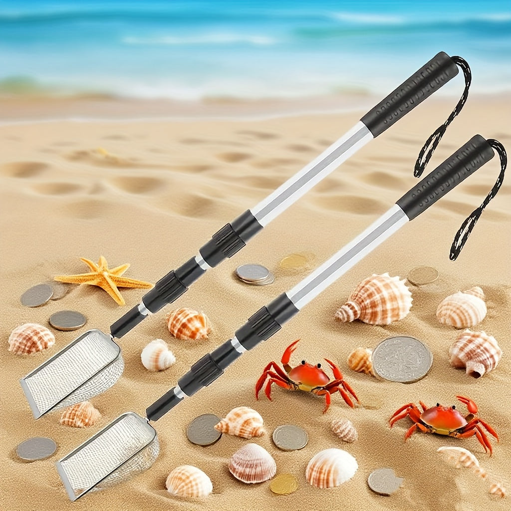 Pelle tamis de plage rétractable en acier inoxydable avec manche télescopique – Outil pour ramasser les coquillages, chercher des trésors et fouiller la plage sans se baisser | Sert aussi de pelle à litière pour chat (lot de 1 ou 2)