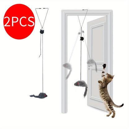 Lot de 2 jouets suspendus pour chats, jouet interactif réglable pour chats et chatons d'intérieur, jouet de divertissement à suspendre à une poignée de porte ou une cage