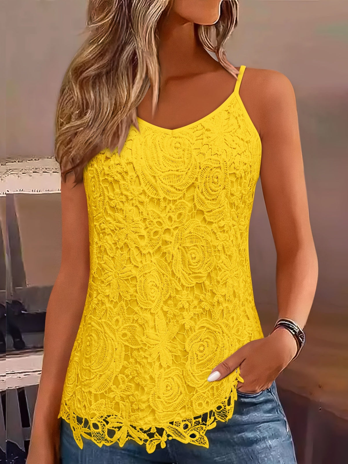Caraco à col en V avec empiècements en dentelle pour femme - Débardeur en maille sans manches disponible en 8 couleurs, du S au XXL, tenue d'été élégante
