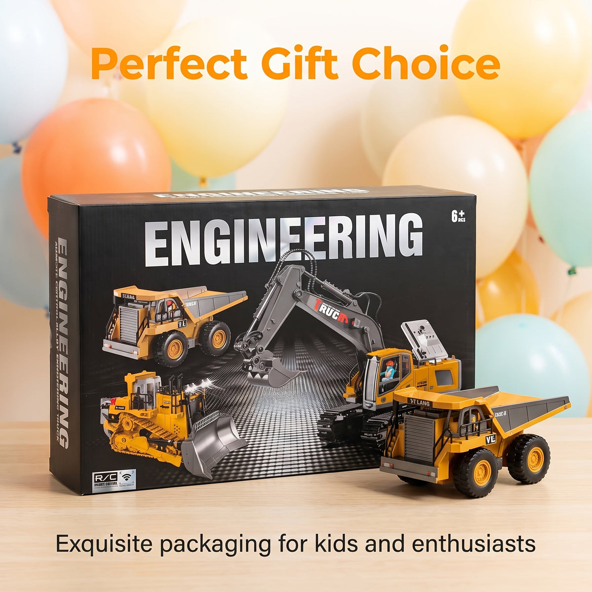 Coffret cadeau véhicule de chantier radiocommandé 4-en-1 - Excavatrice, camion benne et bulldozer télécommandés 2,4 GHz à 11 canaux, jouets de construction en alliage et plastique pour enfants, garçons et débutants
