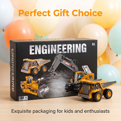 Coffret cadeau véhicule de chantier radiocommandé 4-en-1 - Excavatrice, camion benne et bulldozer télécommandés 2,4 GHz à 11 canaux, jouets de construction en alliage et plastique pour enfants, garçons et débutants