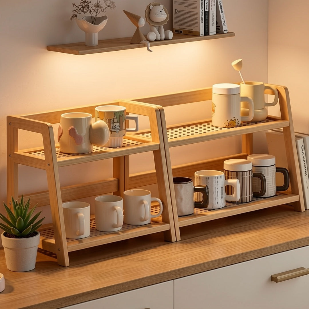Étagère de comptoir en bois à 2 niveaux, design trapézoïdal vintage, organisateur de bureau en bambou pour cuisine, bureau, chambre, étagère de comptoir gain de place pour tasses à café, livres, décoration – Lot de 1 ou 2, grand et moyen