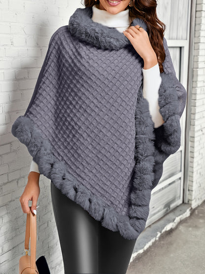 Poncho châle en tricot gaufré pour femme avec bordure en fausse fourrure - Pull élégant sans manches à col montant, cape enveloppante chaude de couleur unie pour l'automne et l'hiver, 8 couleurs taille unique