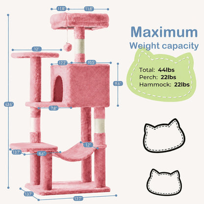 Arbre à chat de 112 cm avec niche et hamac – Poteaux à griffer en sisal naturel, perchoirs à plusieurs niveaux et maison pour chats d'intérieur, disponible en beige, gris, rose et noir/rouge