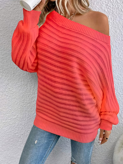 Pull-over à col rond en tricot ajouré avec manches chauve-souris pour femme, haut à manches longues de couleur unie, S-XL, 12 couleurs