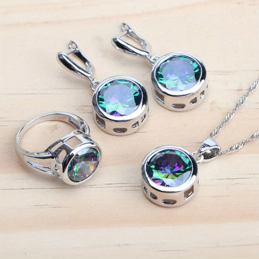 5Pcs Vintage Rainbow Cubic Zirconia Jewelry Set for Women – Silver Plated Ring, Earrings, Pendant & Necklace, Dazzling CZ Bridal Jewelry Gift for Weddings, Anniversaries, Birthdays & Engagements