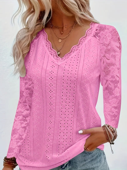 T-shirt à manches longues pour femme avec col en V en dentelle contrastante et œillets - Haut décontracté à bordure en dentelle florale élégante pour le printemps et l'automne