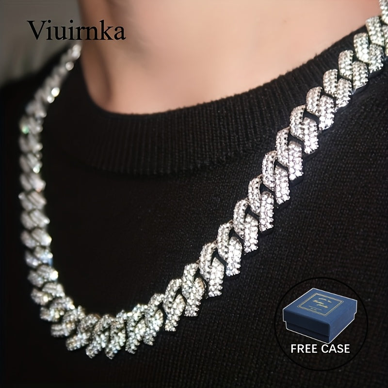 Collier chaîne maille cubaine pour homme style hip-hop avec incrustation de pierres synthétiques – Tons argent et or, 45 cm / 50 cm, coffret cadeau inclus, bijou audacieux pour toutes les occasions