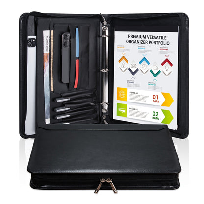 Classeur à anneaux avec fermeture éclair en cuir vegan, format A4, avec pochette pour ordinateur portable, organisateur de travail pour femmes et hommes