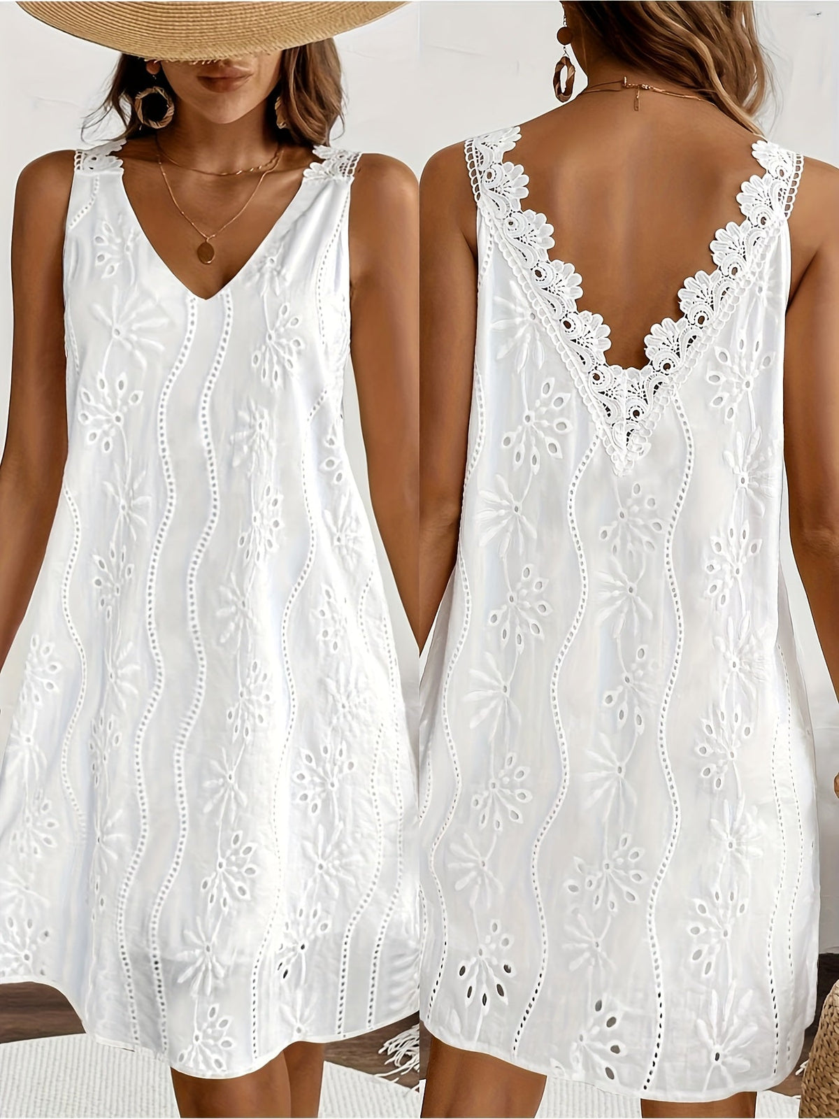 Robe courte sans manches à col en V avec détails en dentelle blanche, style péplum, idéale pour les sorties décontractées, la plage, le jardin ou les vacances, tailles S-XXL