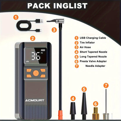 Compresseur d'air portable sans fil 150 PSI – Gonflage 2x plus rapide, manomètre numérique, éclairage LED pour voiture, vélo, moto et ballon, pompe à air automatique rechargeable