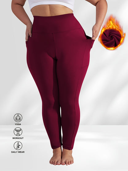 Pantalon de yoga grande taille pour femme avec poches – Legging chaud doublé en polaire taille haute pour l'automne et l'hiver, pantalon de sport moulant élastique, tailles 1XL-5XL en noir, gris, bordeaux et bleu marine