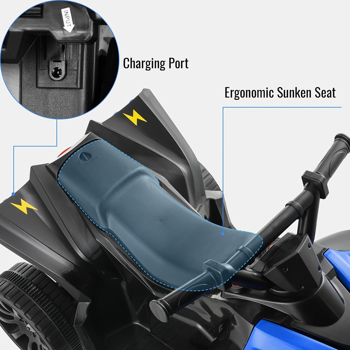 Quad électrique pour enfants avec phares, accélérateur à pédale, pneus tout-terrain antidérapants, capacité de 25 kg, vitesse de 3 km/h, jouet à enfourcher pour garçons et filles de 3 à 6 ans, cadeau d'anniversaire et de Noël, bleu, noir, rose, rouge