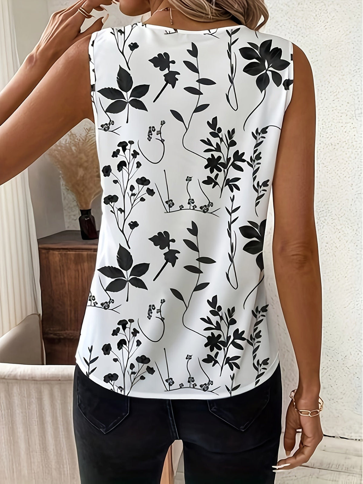 Gilet élégant sans manches à imprimé floral pour femme - Débardeur chic et décontracté, chemisier bohème d'été, haut léger tendance pour femme, nouveauté