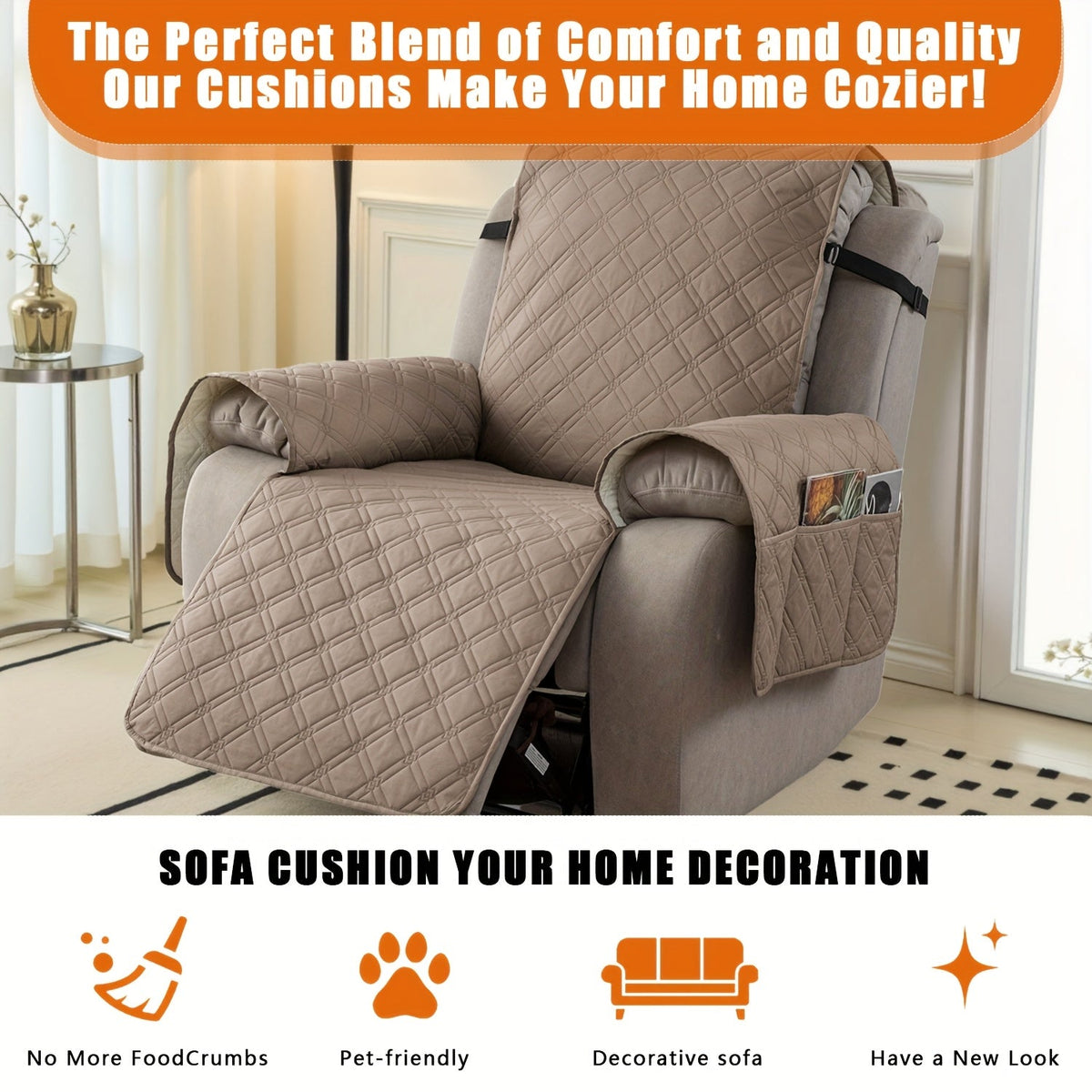 Housse de fauteuil inclinable imperméable avec poches latérales, sangles antidérapantes, tissu matelassé 4 couches, protection contre les animaux et les enfants, lavable en machine – 11 couleurs