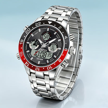 Montre chronographe d'affaires vintage pour homme avec bracelet en acier – Montre-bracelet étanche à double mouvement avec outil de réglage de bracelet, cadeau d'anniversaire ou de fête des pères pour homme