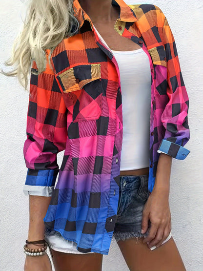 Chemise à manches longues pour femme à carreaux, dégradé de couleurs et motif color-block – Haut décontracté léger à col boutonné avec poches poitrine, lavable en machine, chemisier pour printemps-automne, tailles S-XXL