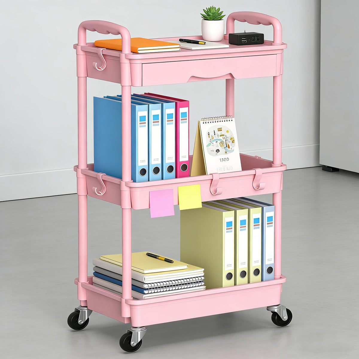 Desserte de rangement à roulettes 3 et 4 niveaux avec tiroir et roues verrouillables – Étagère de rangement multifonctionnelle en plastique pour cuisine, salle de bain, salon, bureau – 7 couleurs