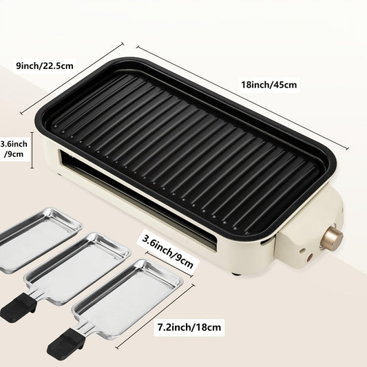 Gril électrique intérieur sans fumée avec raclette – Plaque de cuisson antiadhésive 1700 W, 3 poêlons à raclette, acier inoxydable lavable au lave-vaisselle, température réglable, idéal pour la cuisine à la maison et les repas entre amis