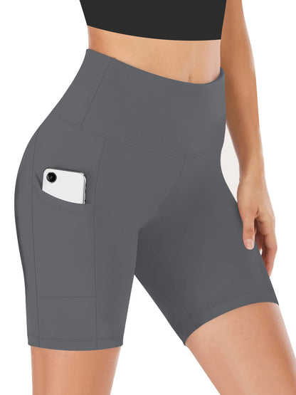 Short de yoga taille haute pour femme – Short de sport extensible 4 directions, anti-transpirant, avec ceinture élastique et poches latérales pour la course, le vélo et l'entraînement – Noir, gris foncé et bleu marine, tailles S-XXL
