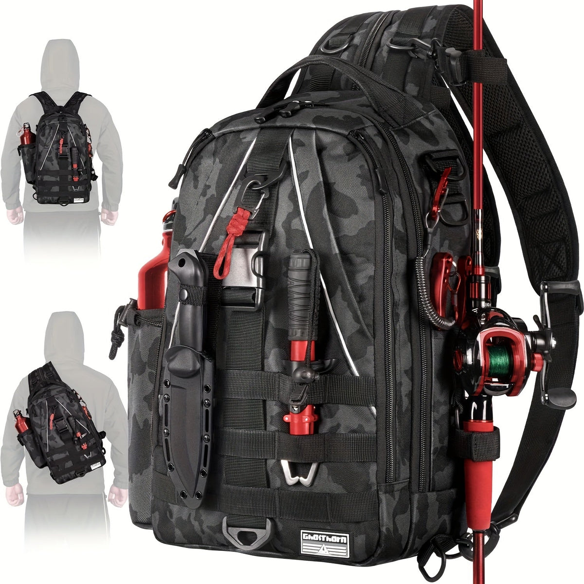 Sac à dos de pêche avec porte-canne – Sac bandoulière imperméable pour randonnée, pêche à la mouche, rangement de boîte à pêche, cadeau pour papa pêcheur