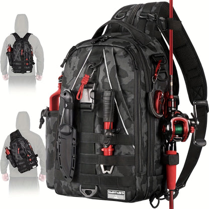 Sac à dos de pêche avec porte-canne – Sac bandoulière imperméable pour randonnée, pêche à la mouche, rangement de boîte à pêche, cadeau pour papa pêcheur
