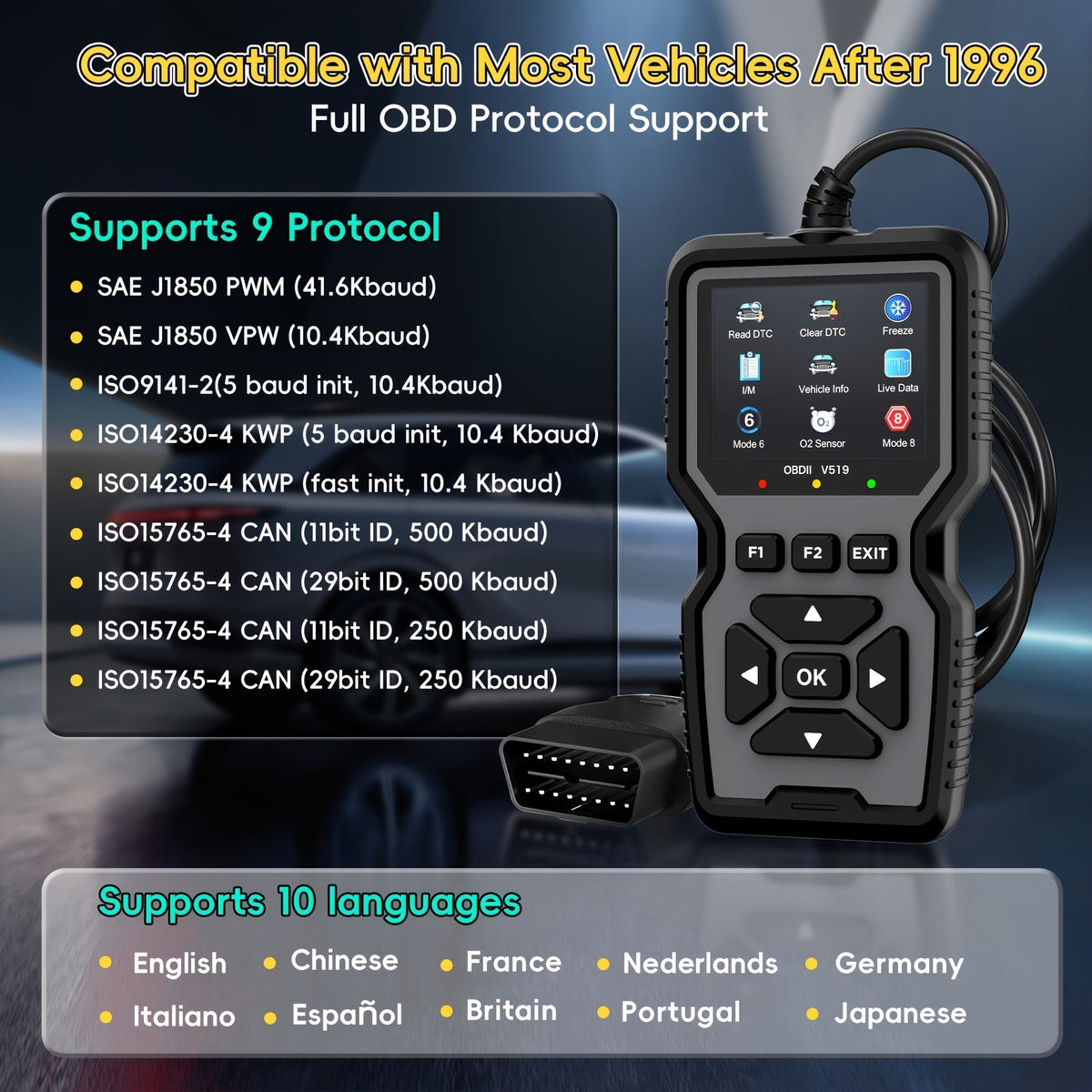 Outil de diagnostic OBD2, lecteur de codes défaut moteur universel avec fonction de réinitialisation, modes 6 & 8, test de préparation I/M – Compatible avec toutes les voitures, camions et SUV OBDII depuis 1996 – Gris