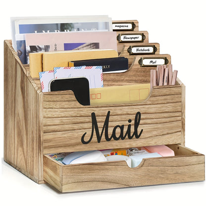 Grand organisateur de courrier de bureau en bois massif avec tiroir, 4 compartiments et séparateurs étiquetables pour dossiers, lettres et papier, organisateur de bureau pour bureau à domicile, étudiants et professionnels